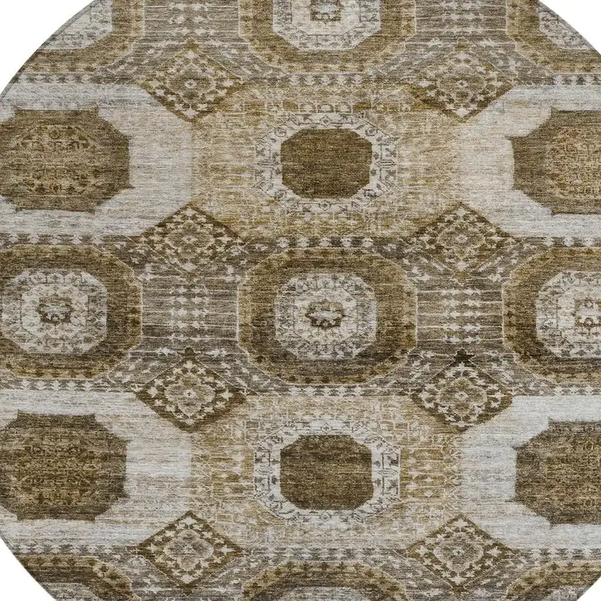 8' Brown And Ivory Round Medallion Washable Indoor Outdoor Area Rug Photo 4