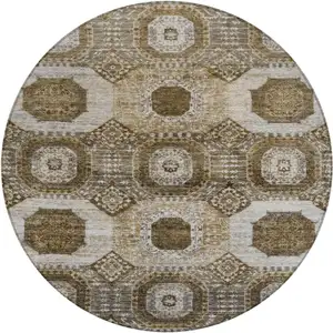 Photo of 8' Brown And Ivory Round Medallion Washable Indoor Outdoor Area Rug