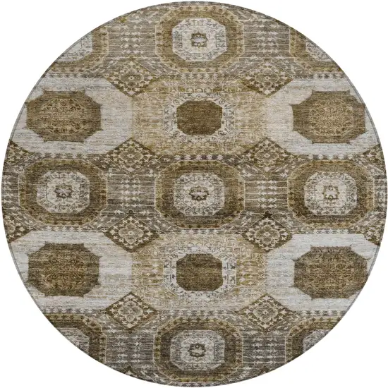 8' Brown And Ivory Round Medallion Washable Indoor Outdoor Area Rug Photo 1