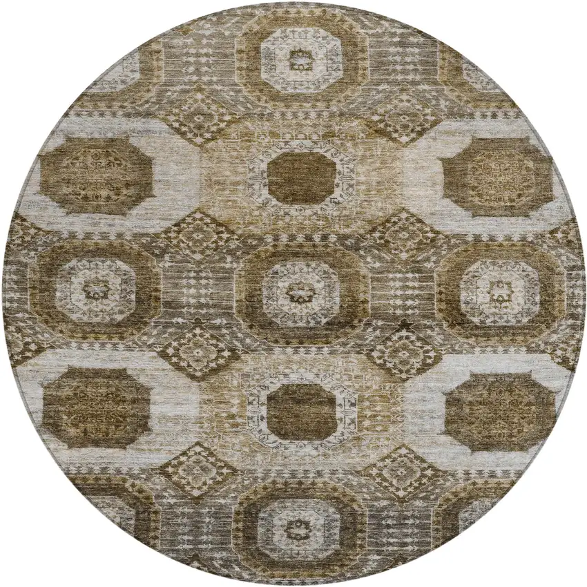 8' Brown And Ivory Round Medallion Washable Indoor Outdoor Area Rug Photo 1