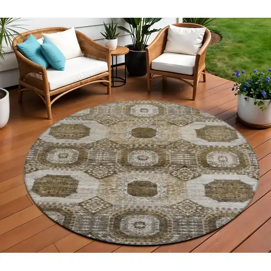 8' Brown And Ivory Round Medallion Washable Indoor Outdoor Area Rug Photo 2