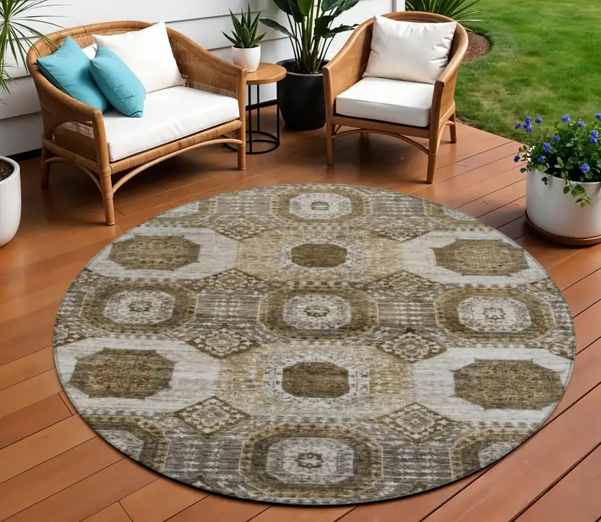 8' Brown And Ivory Round Medallion Washable Indoor Outdoor Area Rug Photo 2