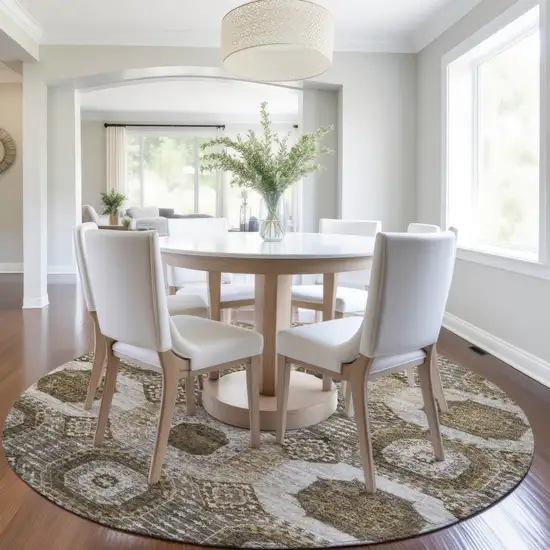 8' Brown And Ivory Round Medallion Washable Indoor Outdoor Area Rug Photo 6