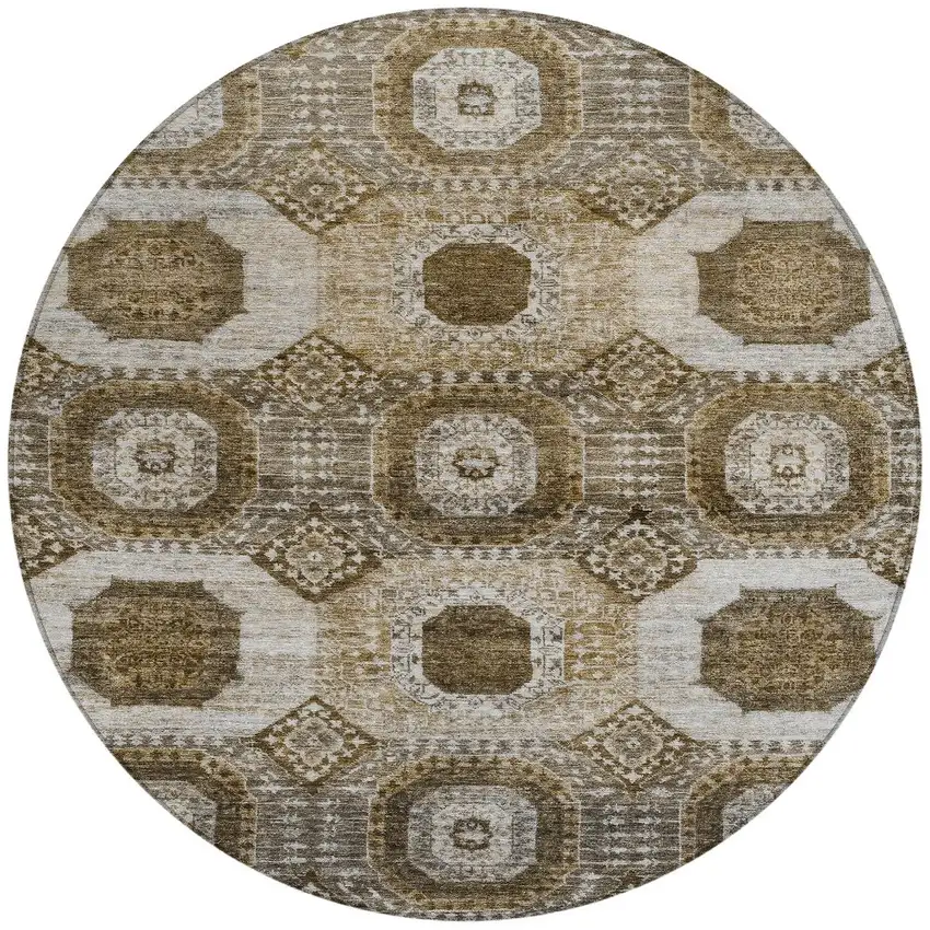 8' Brown And Ivory Round Medallion Washable Indoor Outdoor Area Rug Photo 3