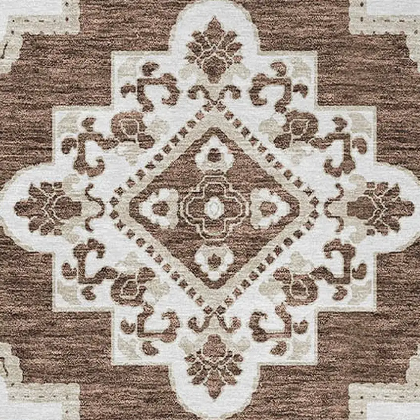 8' Brown And Ivory Round Medallion Washable Indoor Outdoor Area Rug Photo 5