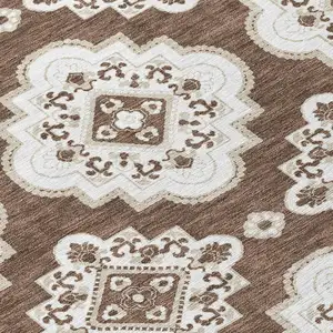 Photo of 8' Brown And Ivory Round Medallion Washable Indoor Outdoor Area Rug