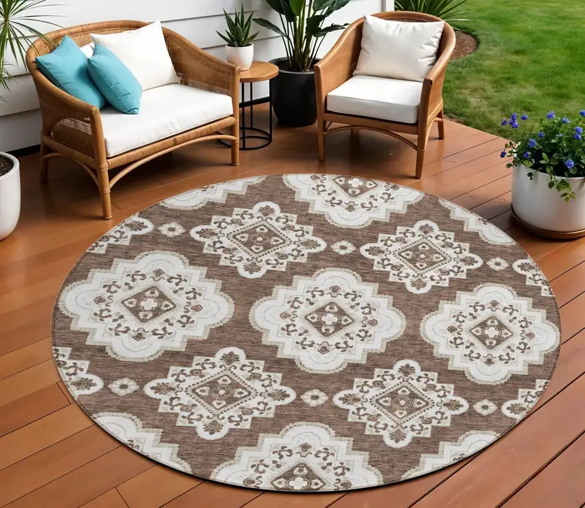 8' Brown And Ivory Round Medallion Washable Indoor Outdoor Area Rug Photo 1