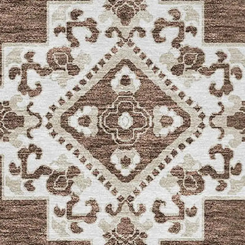 8' Brown And Ivory Round Medallion Washable Indoor Outdoor Area Rug Photo 4