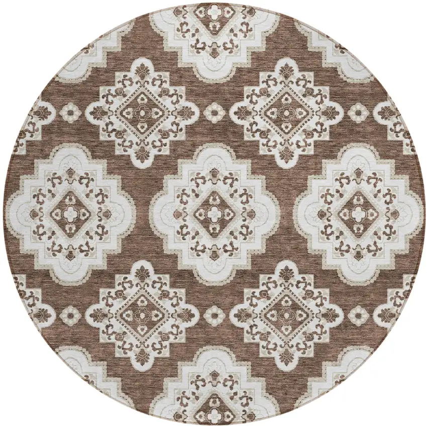 8' Brown And Ivory Round Medallion Washable Indoor Outdoor Area Rug Photo 2