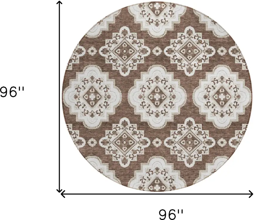 8' Brown And Ivory Round Medallion Washable Indoor Outdoor Area Rug Photo 3
