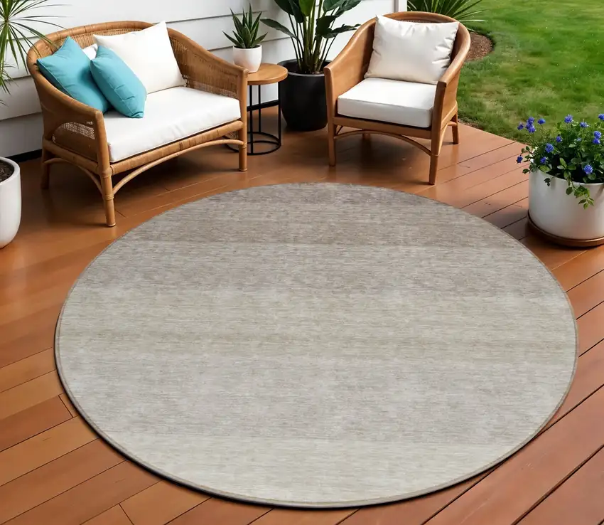8' Brown And Ivory Round Ombre Washable Indoor Outdoor Area Rug Photo 1