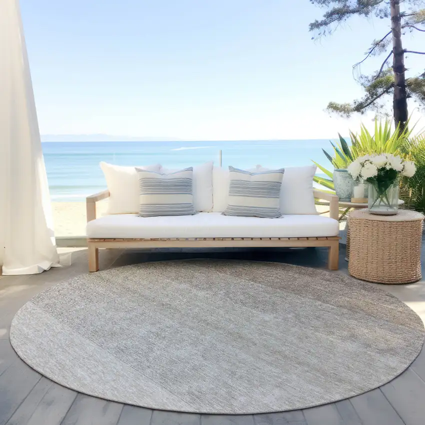 8' Brown And Ivory Round Ombre Washable Indoor Outdoor Area Rug Photo 6