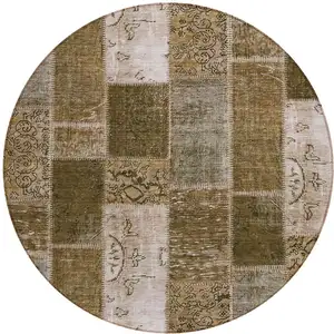 Photo of 8' Brown And Ivory Round Patchwork Washable Indoor Outdoor Area Rug
