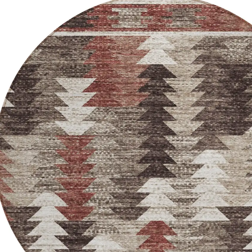 8' Brown And Ivory Round Southwestern Washable Indoor Outdoor Area Rug Photo 3