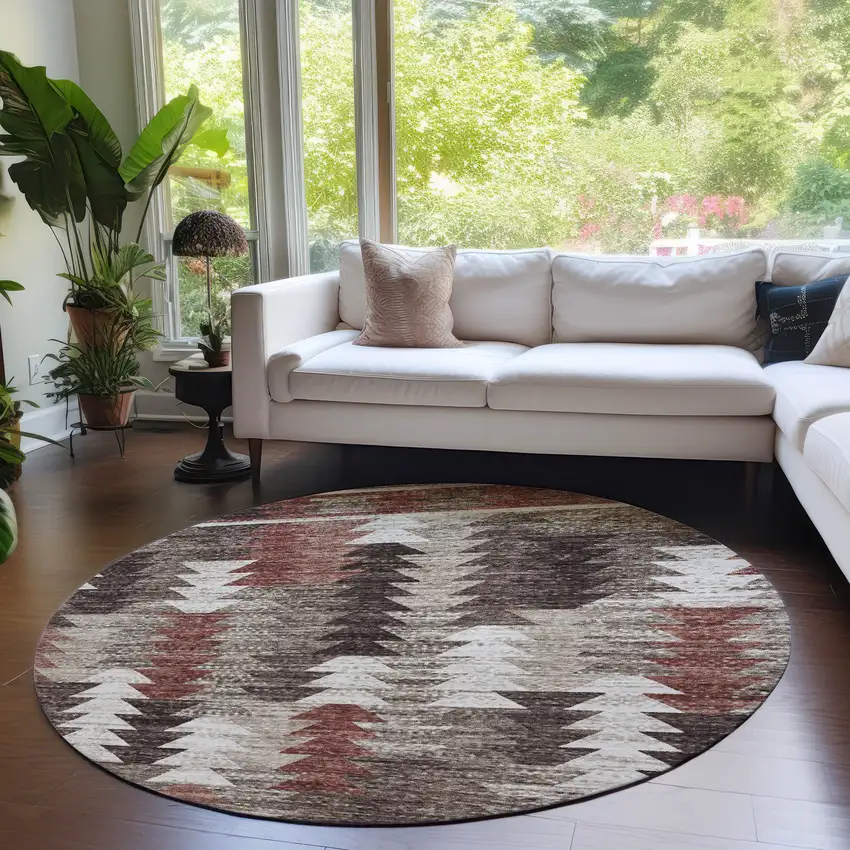8' Brown And Ivory Round Southwestern Washable Indoor Outdoor Area Rug Photo 6