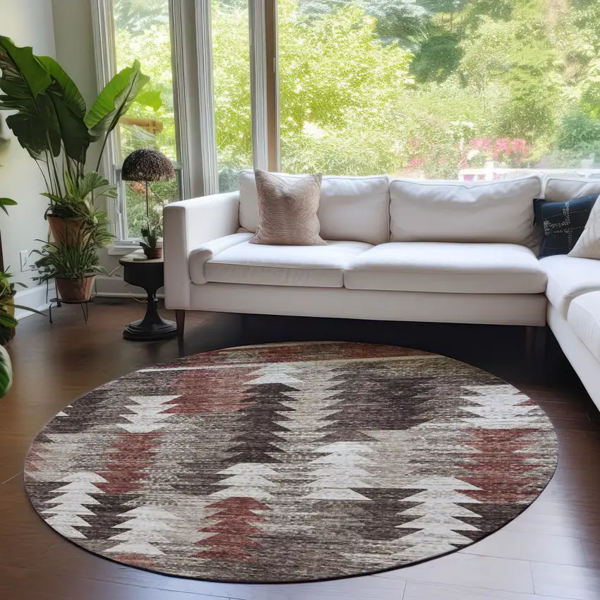 8' Brown And Ivory Round Southwestern Washable Indoor Outdoor Area Rug Photo 6