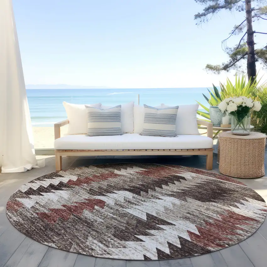 8' Brown And Ivory Round Southwestern Washable Indoor Outdoor Area Rug Photo 5