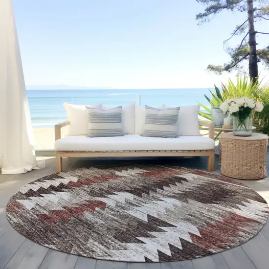 8' Brown And Ivory Round Southwestern Washable Indoor Outdoor Area Rug Photo 5