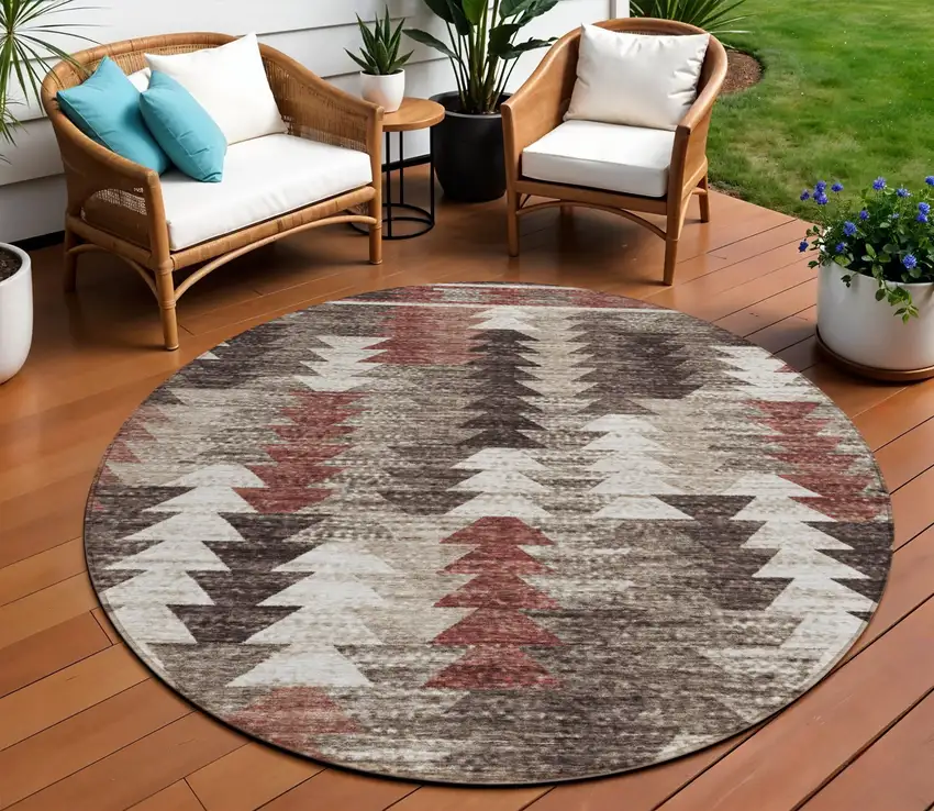 8' Brown And Ivory Round Southwestern Washable Indoor Outdoor Area Rug Photo 9