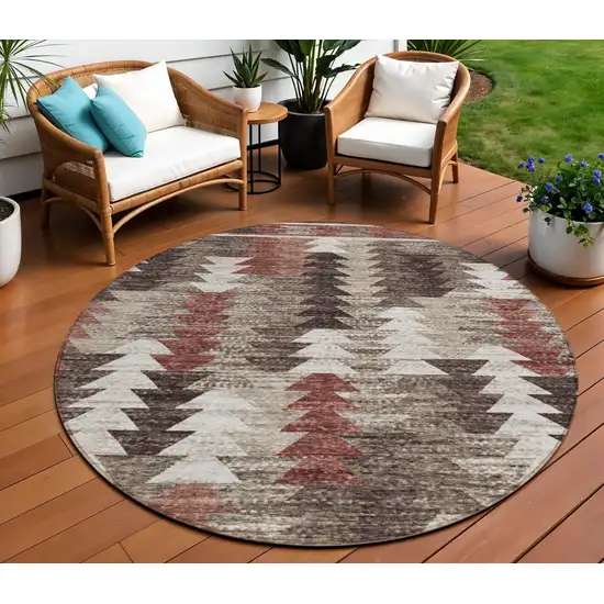 8' Brown And Ivory Round Southwestern Washable Indoor Outdoor Area Rug Photo 9