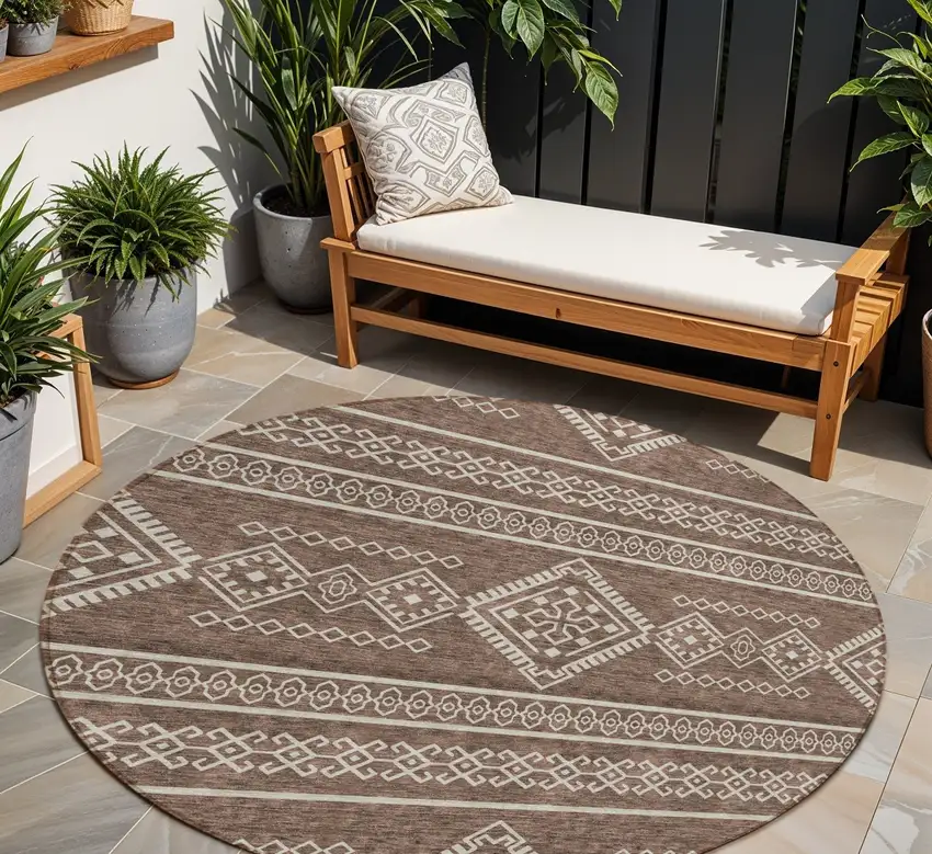 8' Brown And Ivory Round Southwestern Washable Indoor Outdoor Area Rug Photo 1