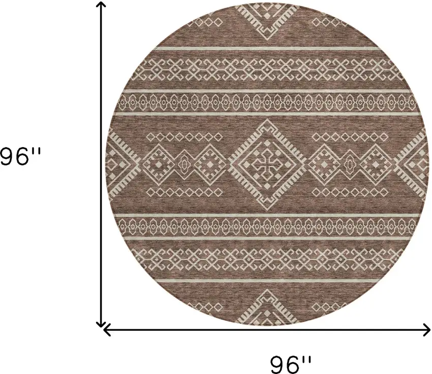 8' Brown And Ivory Round Southwestern Washable Indoor Outdoor Area Rug Photo 5
