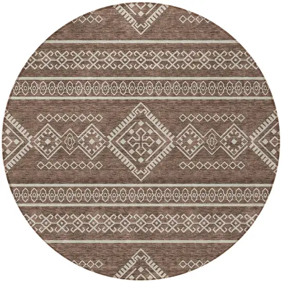 8' Brown And Ivory Round Southwestern Washable Indoor Outdoor Area Rug Photo 5