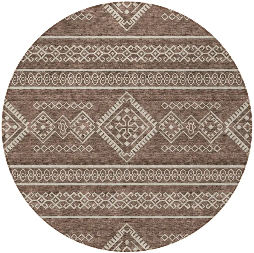 8' Brown And Ivory Round Southwestern Washable Indoor Outdoor Area Rug Photo 5