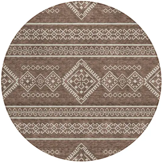 8' Brown And Ivory Round Southwestern Washable Indoor Outdoor Area Rug Photo 2