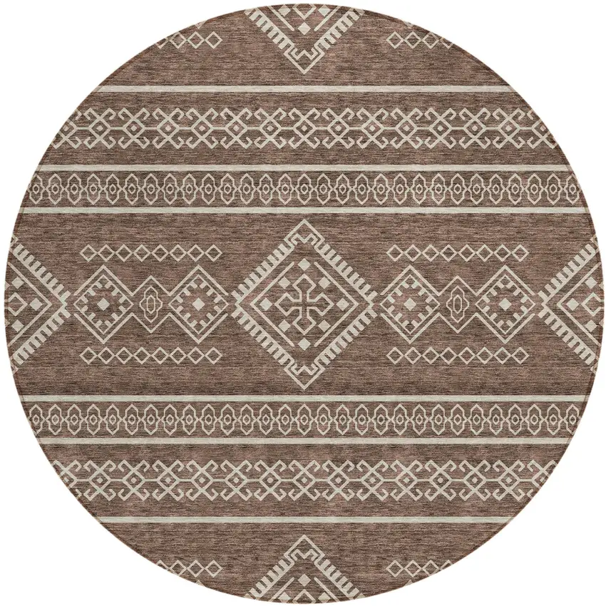 8' Brown And Ivory Round Southwestern Washable Indoor Outdoor Area Rug Photo 2
