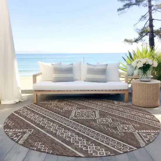 8' Brown And Ivory Round Southwestern Washable Indoor Outdoor Area Rug Photo 6