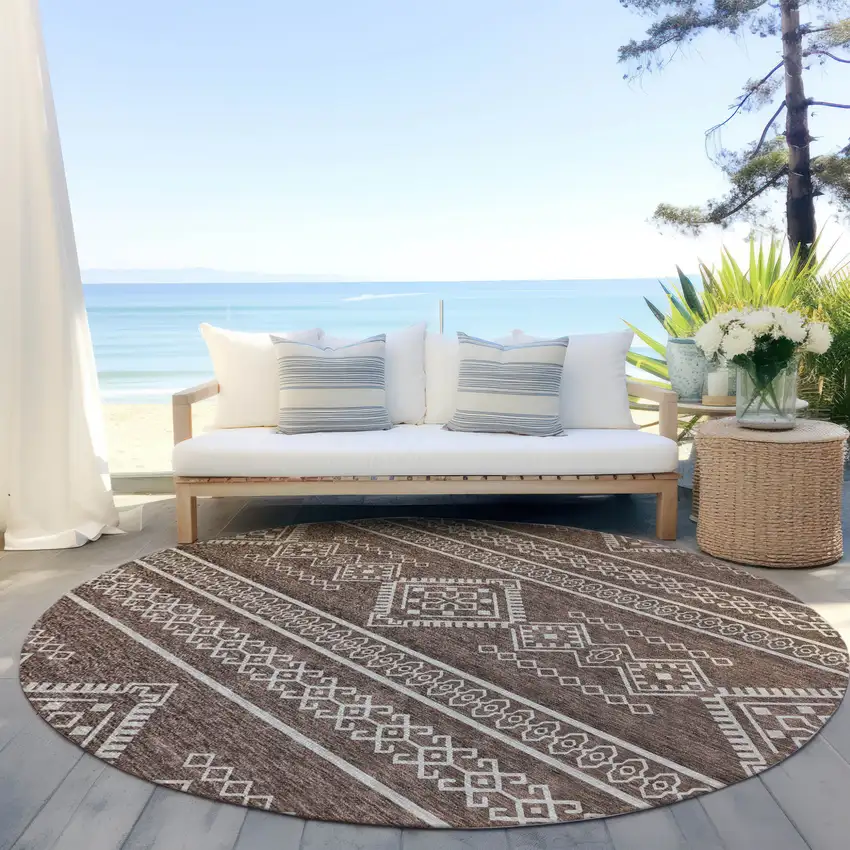 8' Brown And Ivory Round Southwestern Washable Indoor Outdoor Area Rug Photo 6