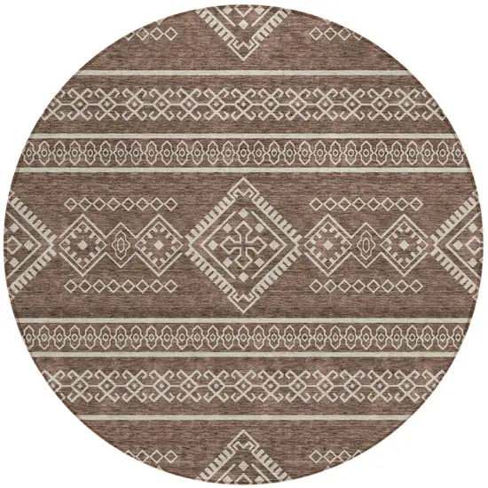 8' Brown And Ivory Round Southwestern Washable Indoor Outdoor Area Rug Photo 2
