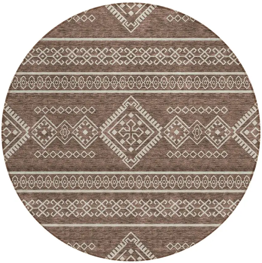 8' Brown And Ivory Round Southwestern Washable Indoor Outdoor Area Rug Photo 2