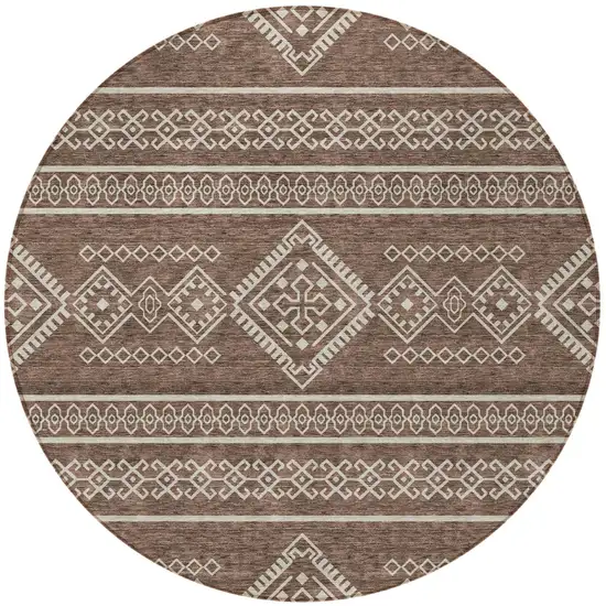 8' Brown And Ivory Round Southwestern Washable Indoor Outdoor Area Rug Photo 4