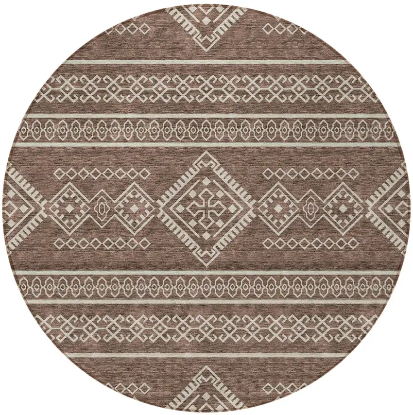 8' Brown And Ivory Round Southwestern Washable Indoor Outdoor Area Rug Photo 4
