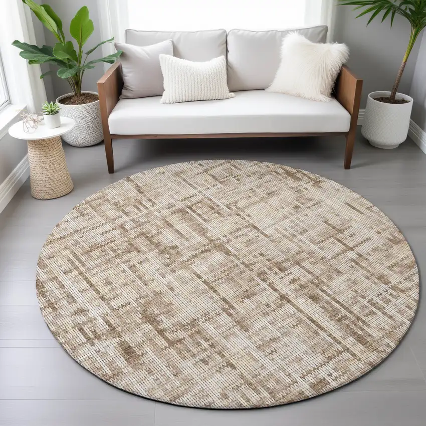 8' Brown And Ivory Round Striped Washable Indoor Outdoor Area Rug Photo 7