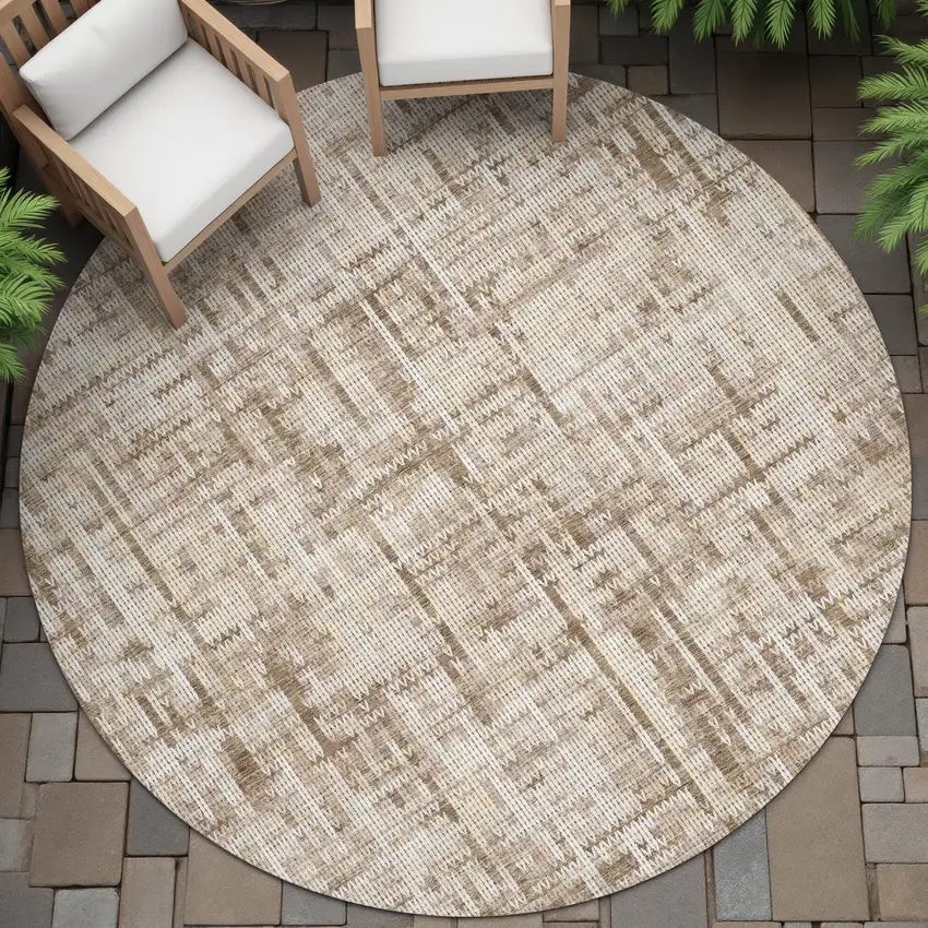 8' Brown And Ivory Round Striped Washable Indoor Outdoor Area Rug Photo 6