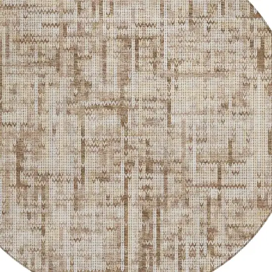 8' Brown And Ivory Round Striped Washable Indoor Outdoor Area Rug Photo 5