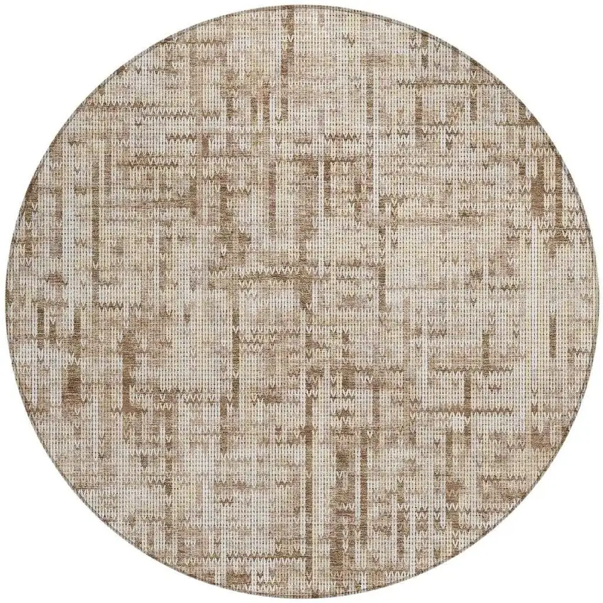 8' Brown And Ivory Round Striped Washable Indoor Outdoor Area Rug Photo 3