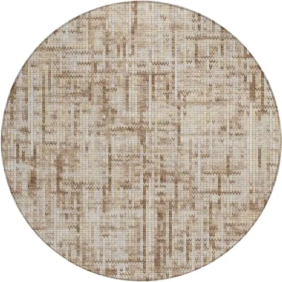 8' Brown And Ivory Round Striped Washable Indoor Outdoor Area Rug Photo 1