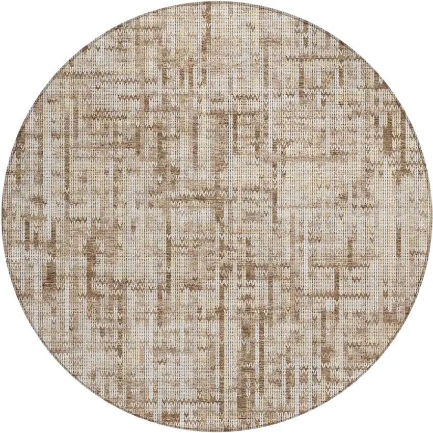 8' Brown And Ivory Round Striped Washable Indoor Outdoor Area Rug Photo 1