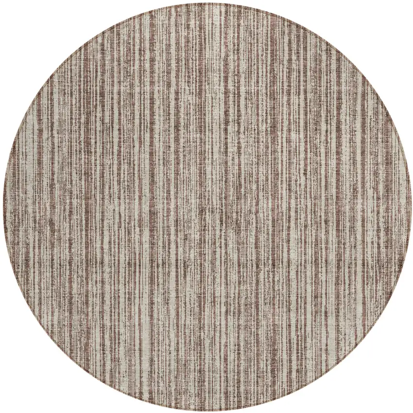 8' Brown And Ivory Round Striped Washable Indoor Outdoor Area Rug Photo 1