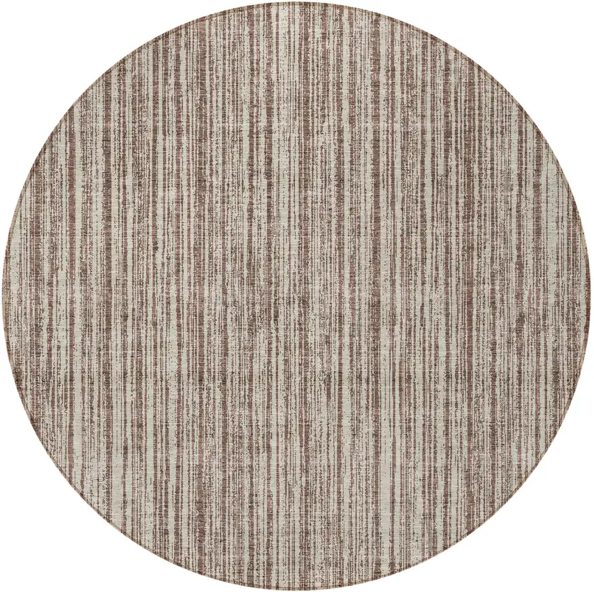 8' Brown And Ivory Round Striped Washable Indoor Outdoor Area Rug Photo 5