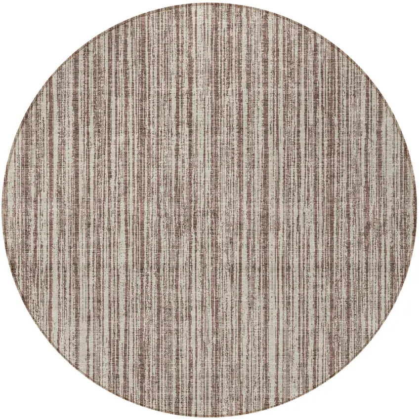 8' Brown And Ivory Round Striped Washable Indoor Outdoor Area Rug Photo 5