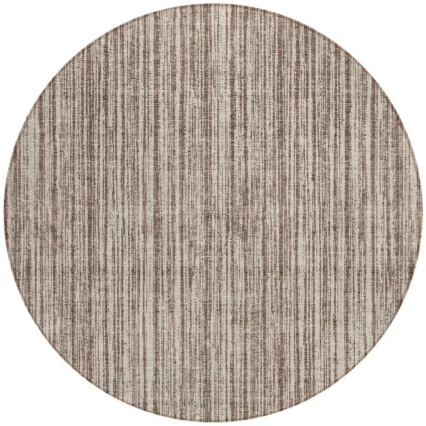 8' Brown And Ivory Round Striped Washable Indoor Outdoor Area Rug Photo 4