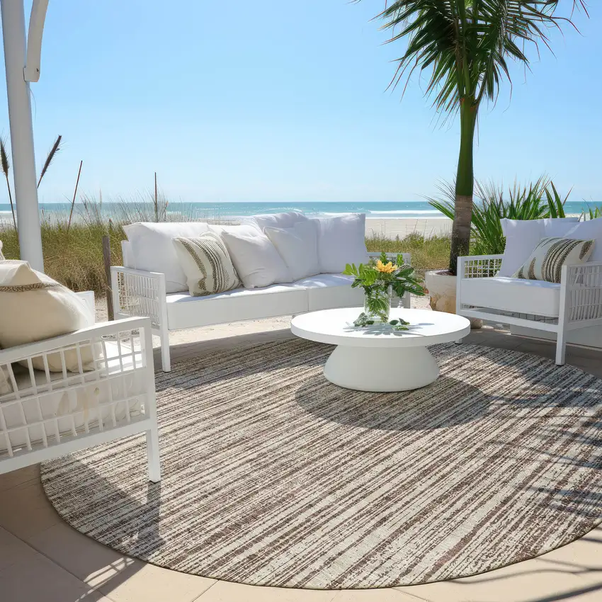 8' Brown And Ivory Round Striped Washable Indoor Outdoor Area Rug Photo 6