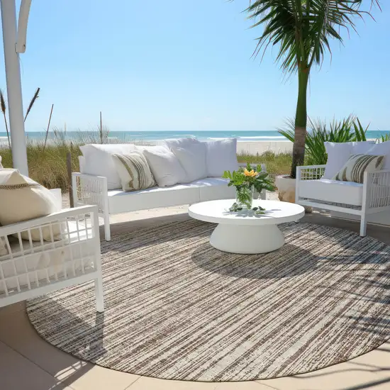 8' Brown And Ivory Round Striped Washable Indoor Outdoor Area Rug Photo 6