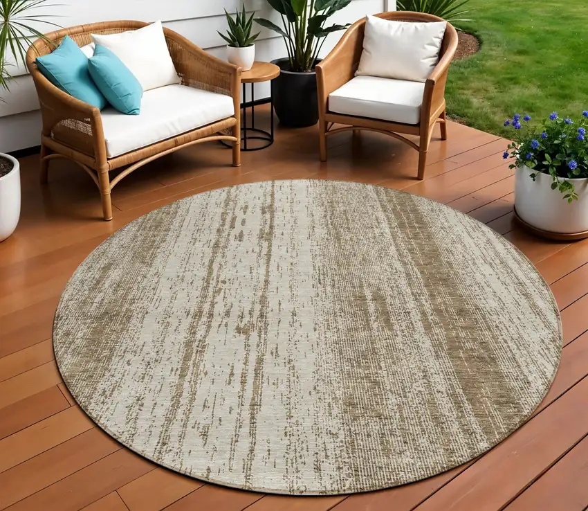 8' Brown And Ivory Round Striped Washable Indoor Outdoor Area Rug Photo 1