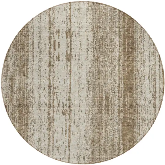 8' Brown And Ivory Round Striped Washable Indoor Outdoor Area Rug Photo 2